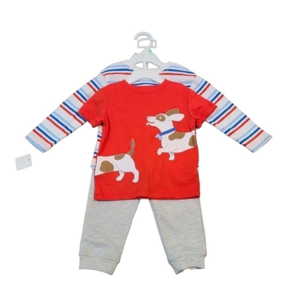 Little Me 3 Piece Set Grey Joggers, Puppy T-Shirt, Long Sleeve Shirt Size 12M
